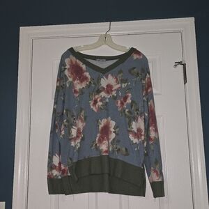 White Birch Floral V-Neck Sweater - Blue and Pink